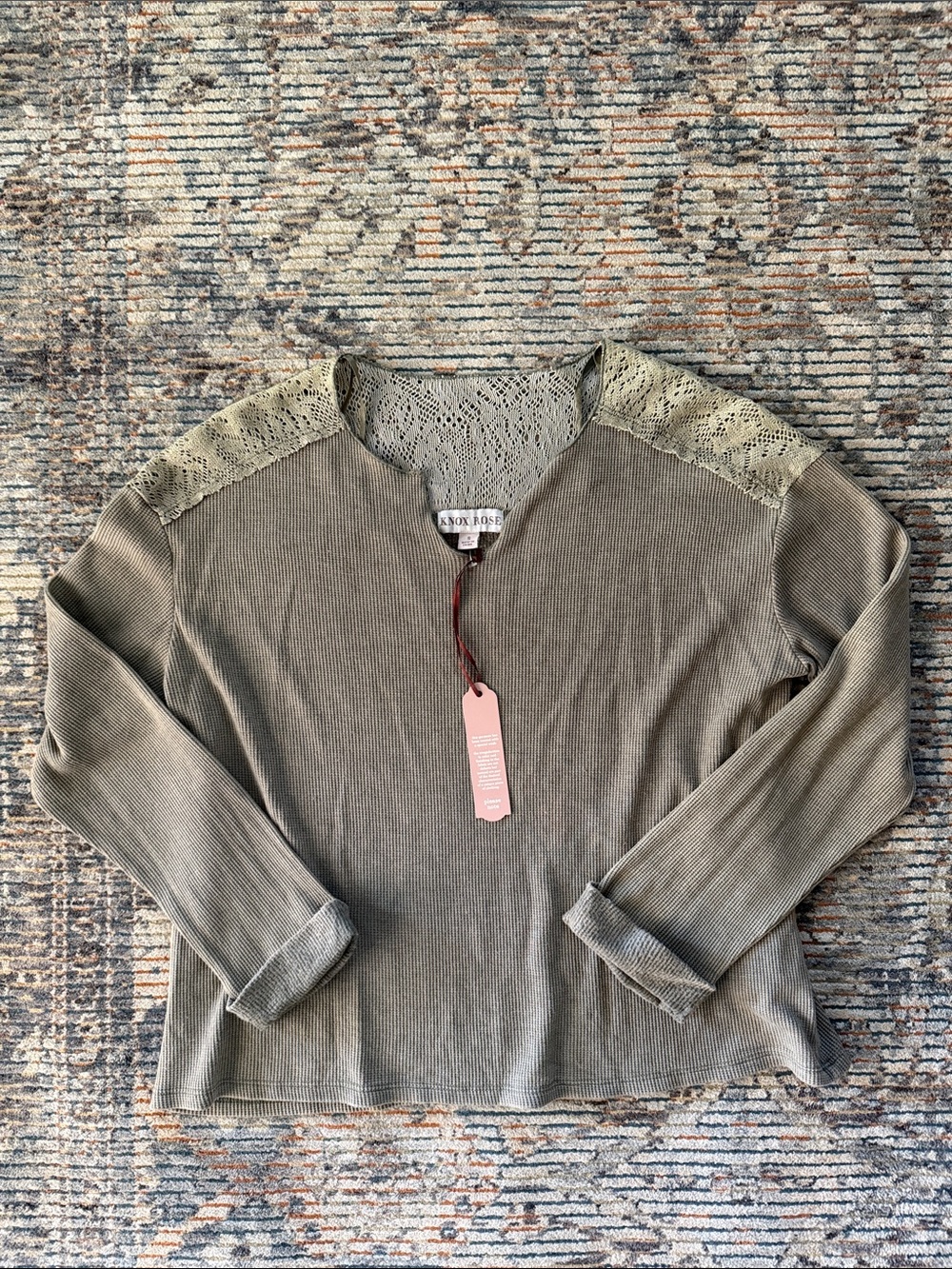 Knox Rose Olive Lace-Trim Ribbed Pullover Sweater